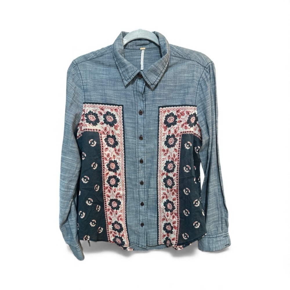 FREE PEOPLE Bandana Bandit Chambray Button Down Shirt Boho Western S